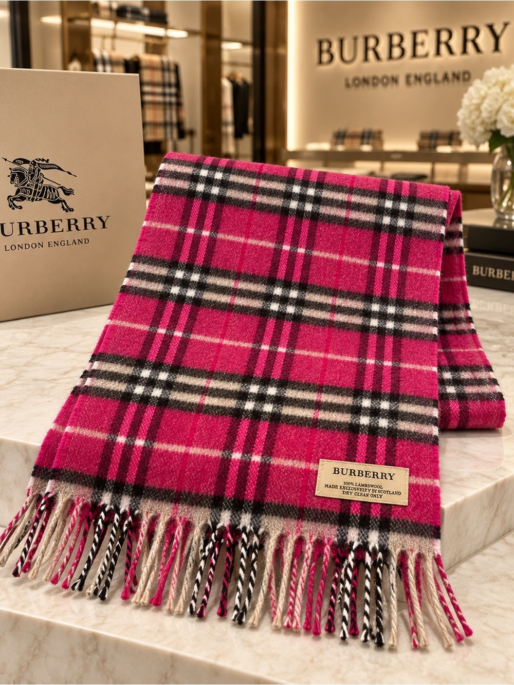 Authentic Burberry Pink Nova Check 100% Lambswool Scarf Scotland